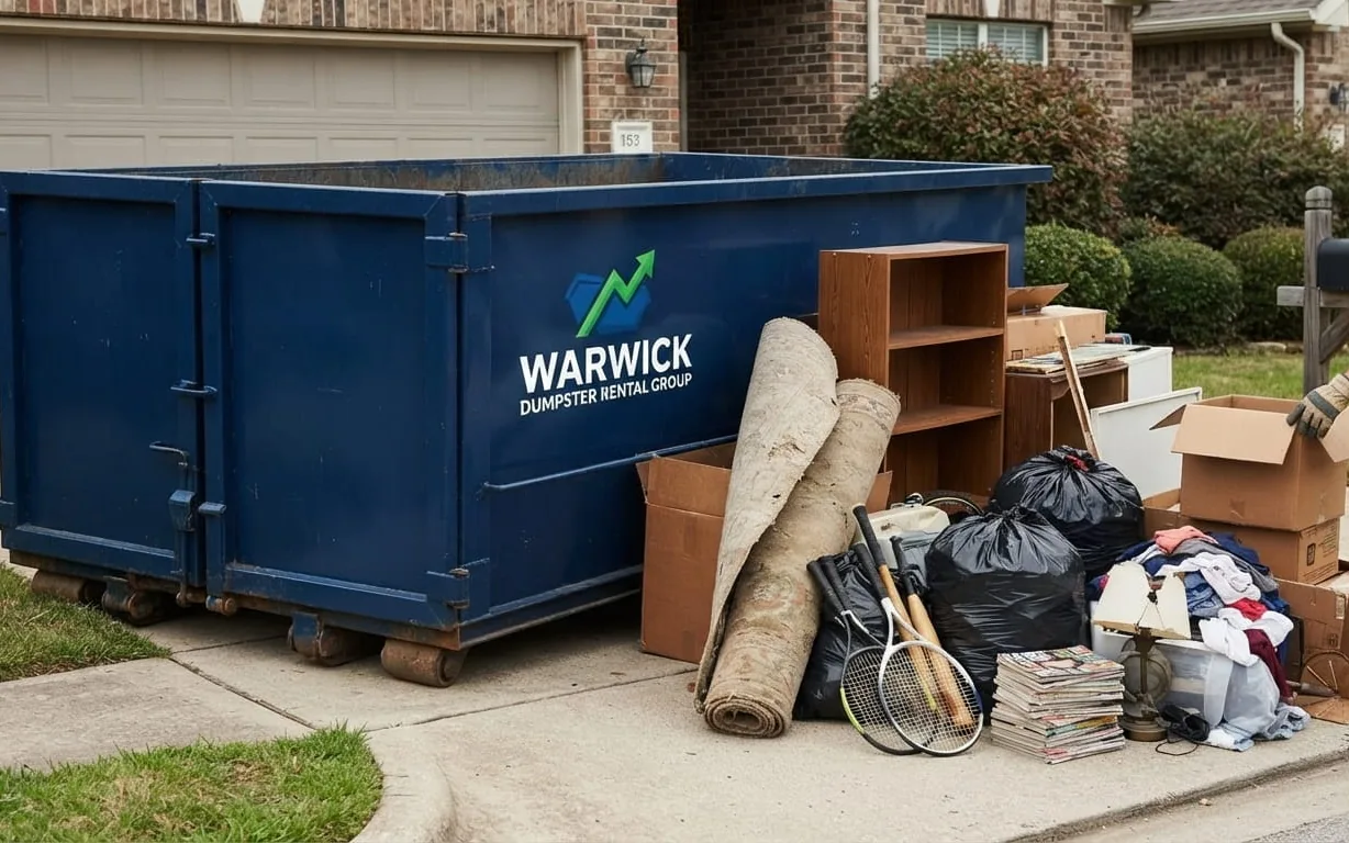 A roll-off dumpster on a Warwick driveway with a cost breakdown